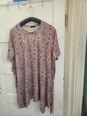 Taupe Southwestern Print Fringe Tunic
